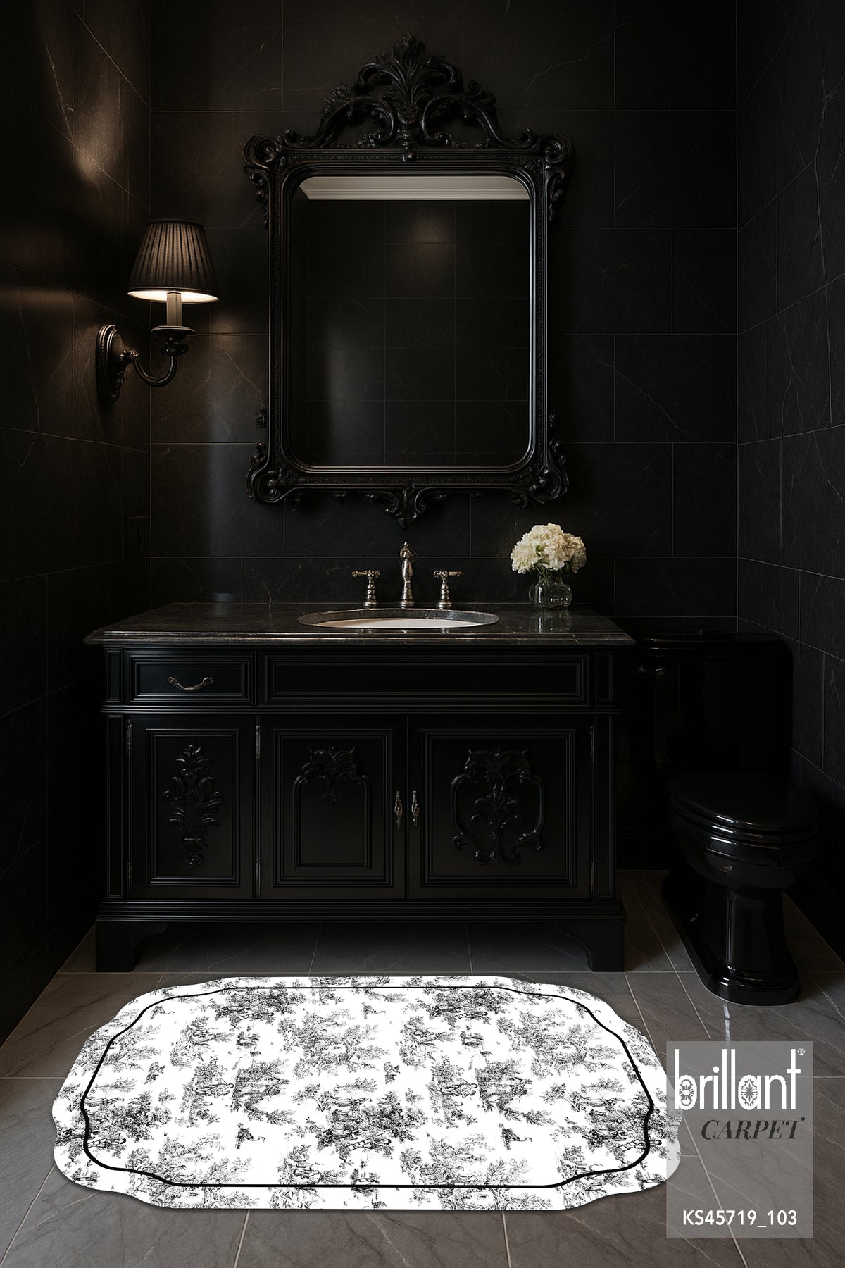 Toile de Jouy Themed Single Latex Base Bathroom Mat (80X120)