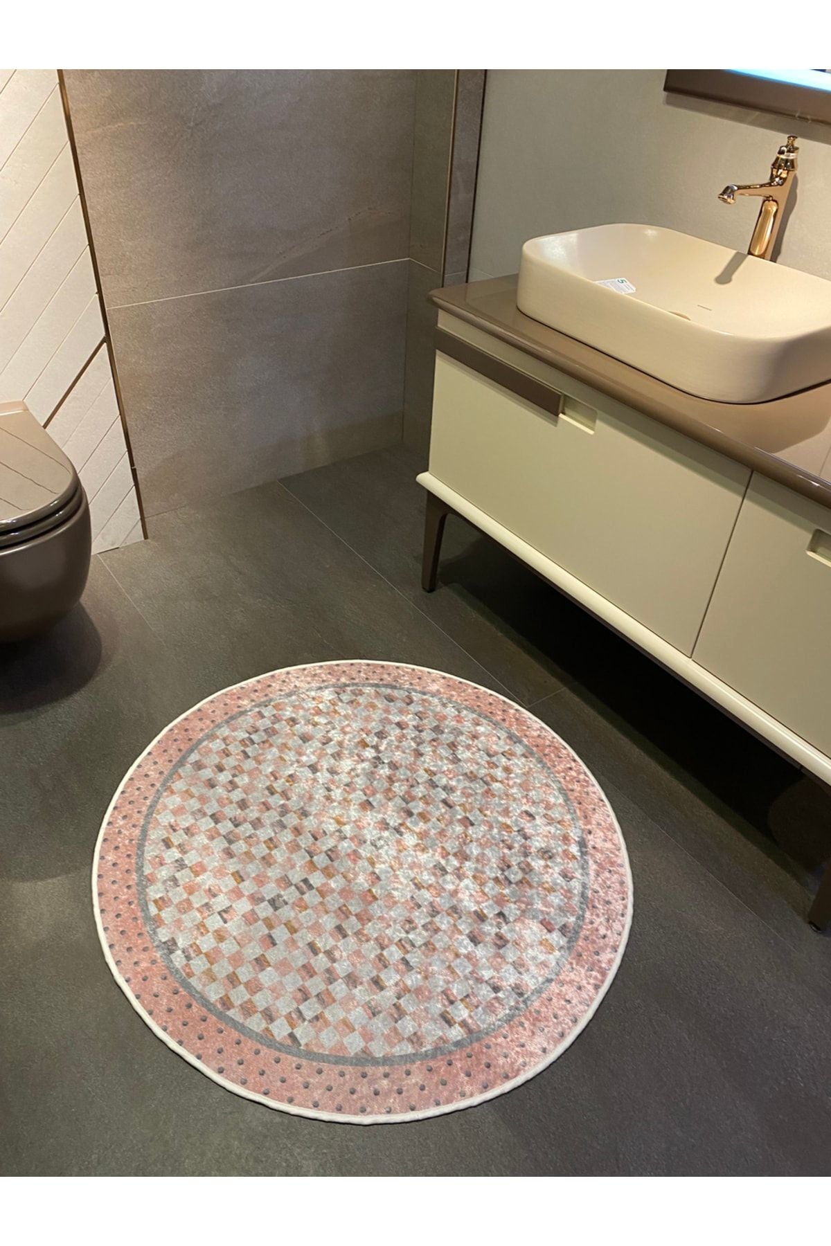 Robert Blue Diamond Pattern Fringeless Round Bathroom Mat - Blue Size 100x100