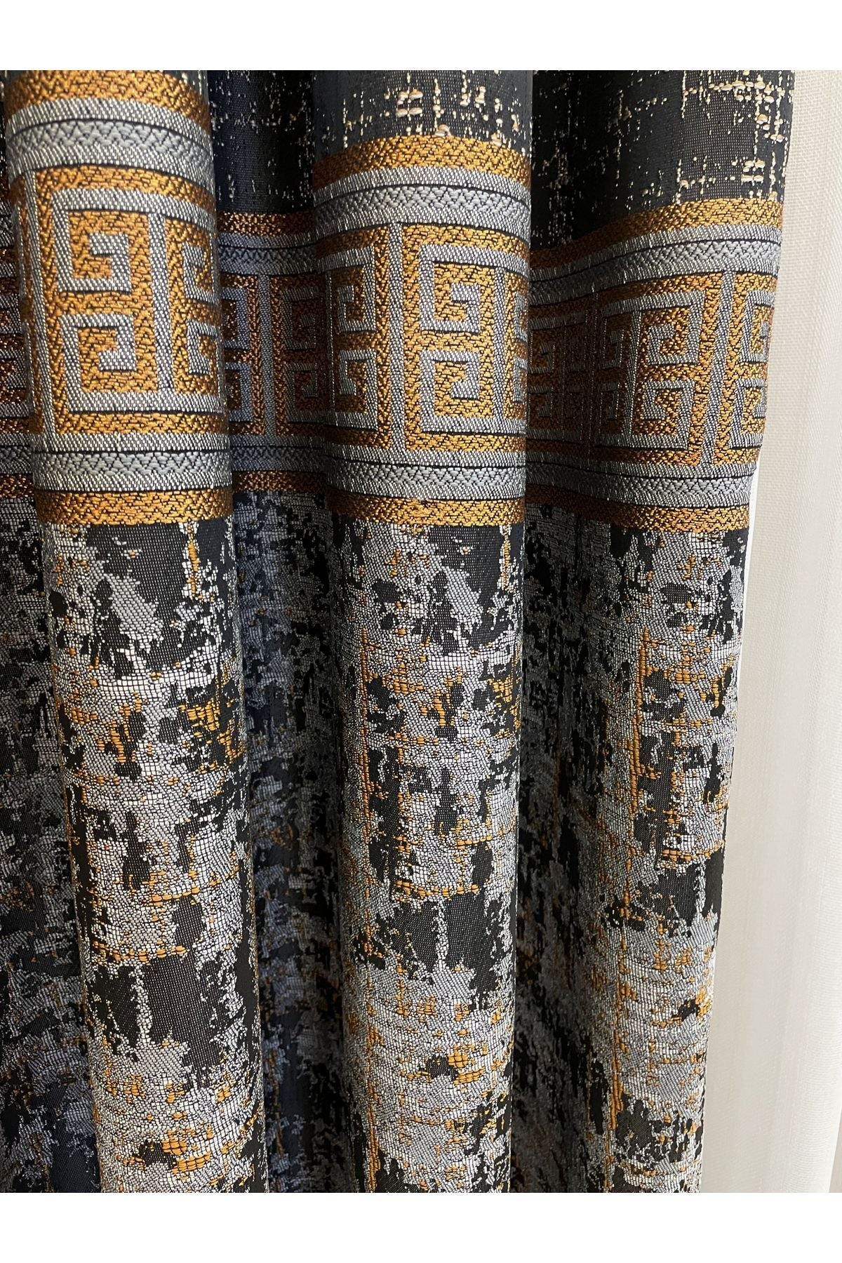 Gray Anthracite Bordered Pattern 1/3 Tight Pleat Jacquard Woven Blackout Curtain