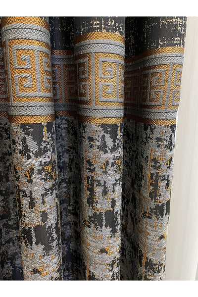 Gray Anthracite Bordered Pattern 1/3 Tight Pleat Jacquard Woven Blackout Curtain