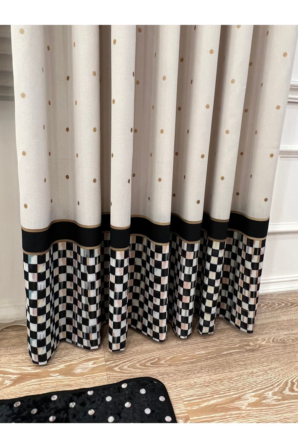 1/3 Dense Pleated Checkered Curtain Panel - Beige-Black