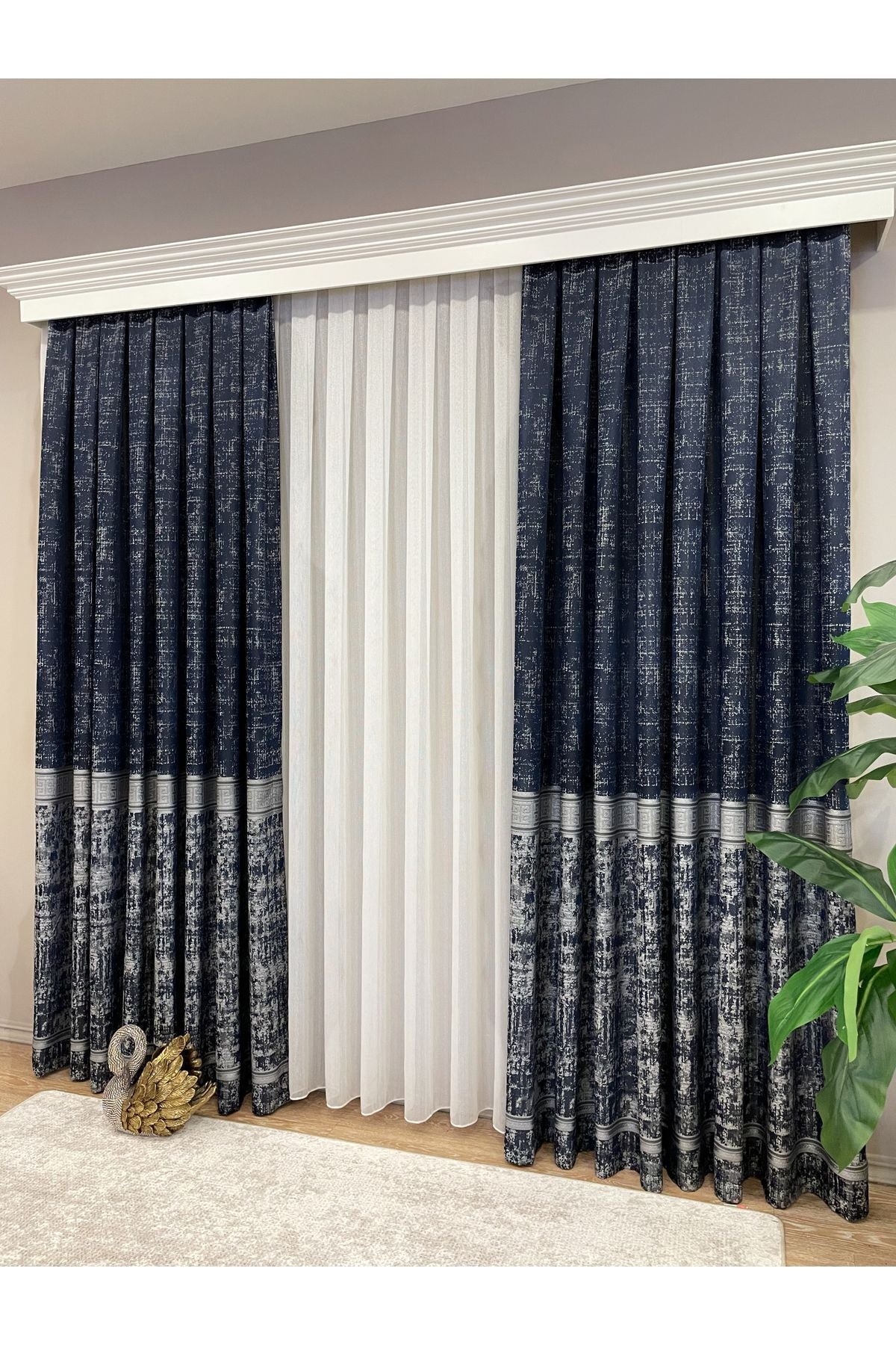 Gray Anthracite Bordered Pattern 1/3 Tight Pleat Jacquard Woven Blackout Curtain