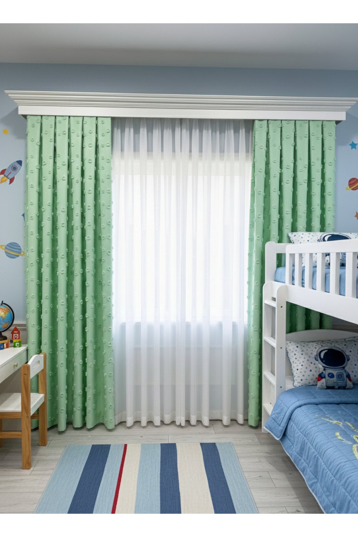 Blue Children's Room Pompom Puffy Blackout Curtain 1/3 Dense Pleating