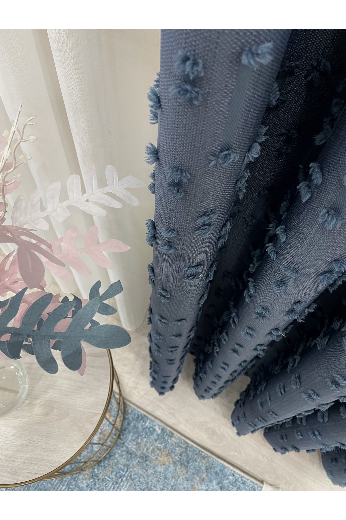 Indigo Blue Pompom Puffy Blackout Curtain 1/3 Dense Pleat