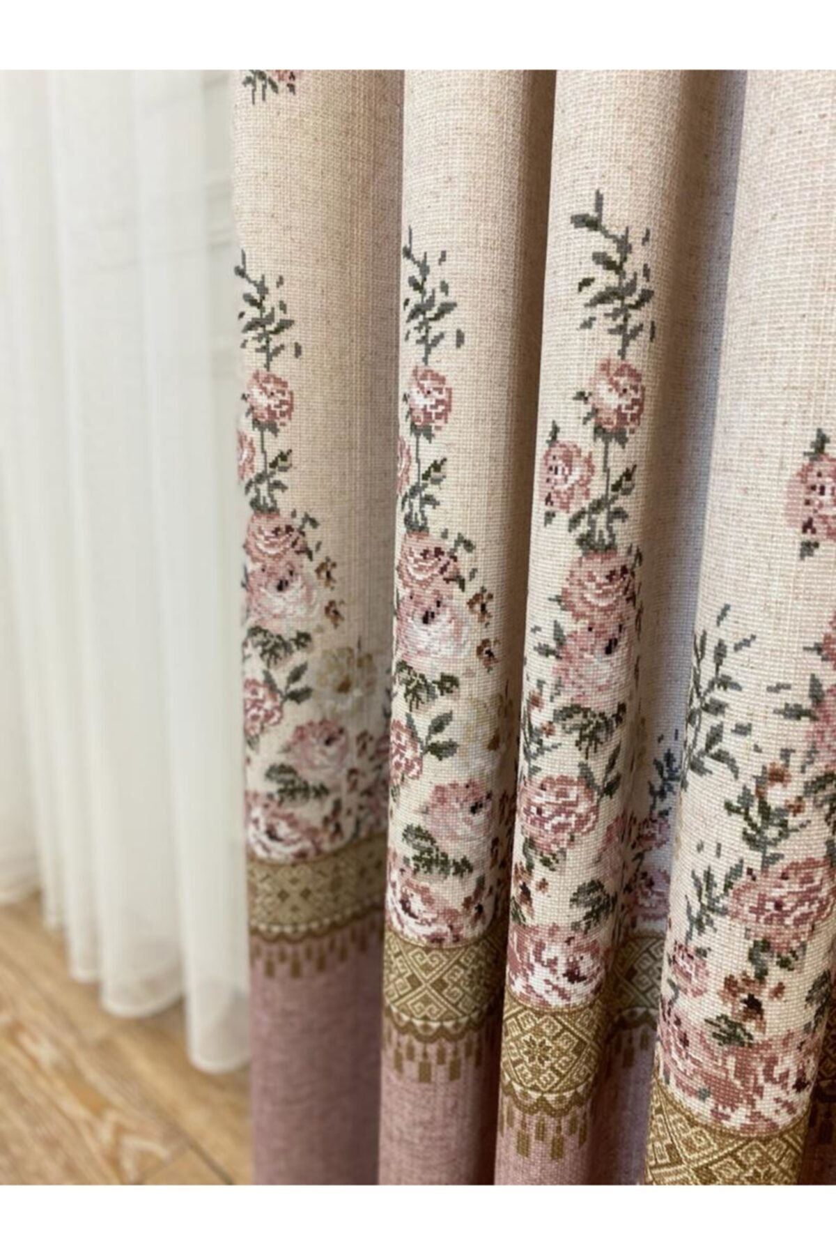 Country Collection 1/3 Dense Pleated Natural Linen Floral Blackout Curtain