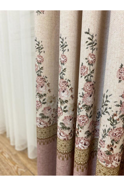 Country Collection 1/3 Dense Pleated Natural Linen Floral Blackout Curtain