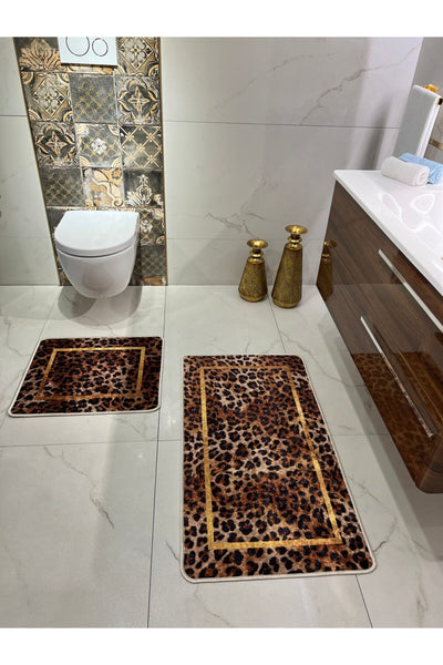 Leopard Pattern 2-Piece Non-Slip Base Bath Mat Set (60x100 - 60x50)