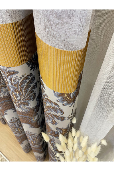 Gray Brown Damask Pattern Jacquard 1/3 Tight Pleat Jacquard Blackout Curtain