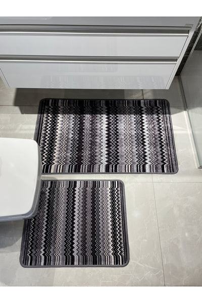 Zigzag Patterned 2-Piece Leather Base Bathroom Mat Set (60x100 - 60x50)