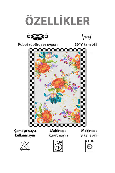 Floral Checkered Latex-Backed Fringe-Free Runner Kitchen Rug