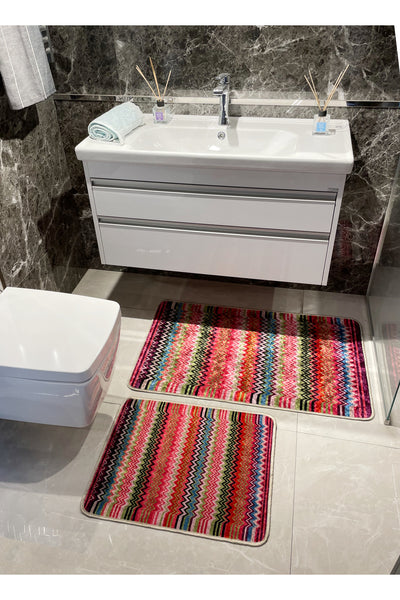 Zigzag Patterned 2-Piece Leather Base Bathroom Mat Set (60x100 - 60x50)