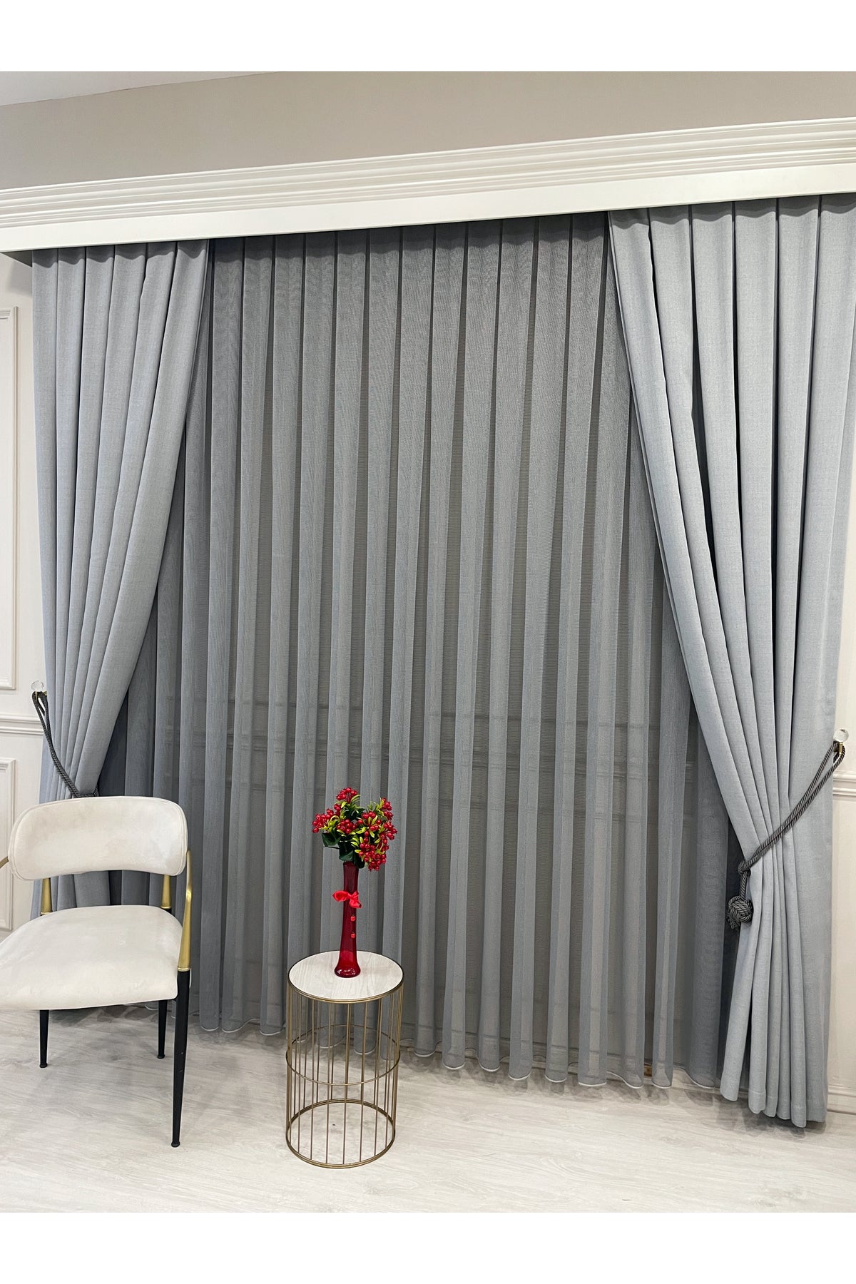 BEIGE-GRAY Modern Textured Knit 1/3 Dense Pleat Sheer Curtain