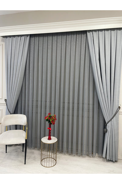 BEIGE-GRAY Modern Textured Knit 1/3 Dense Pleat Sheer Curtain