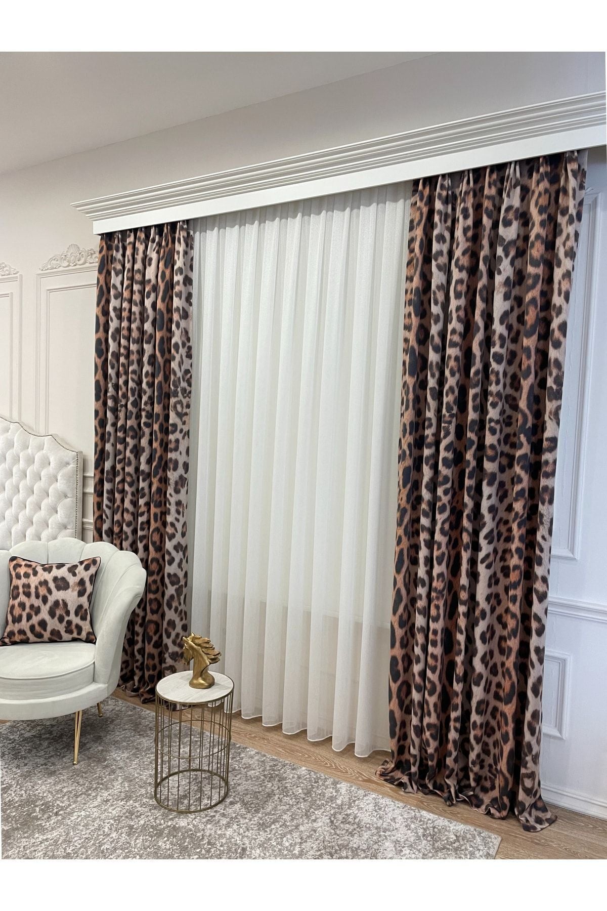 Linen-Look Leopard Print American Pleated Blackout Curtain