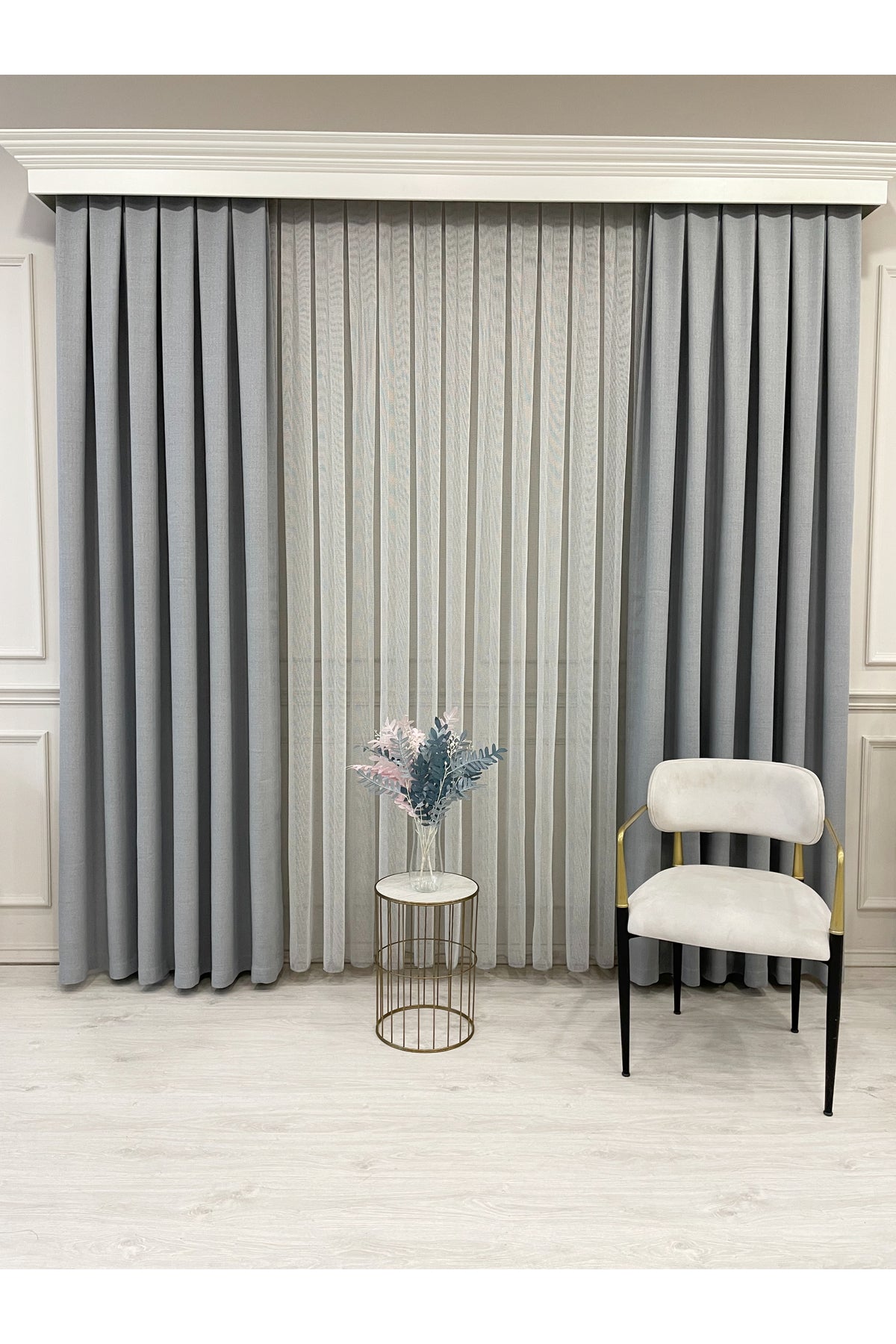 BEIGE-GRAY Modern Textured Knit 1/3 Dense Pleat Sheer Curtain