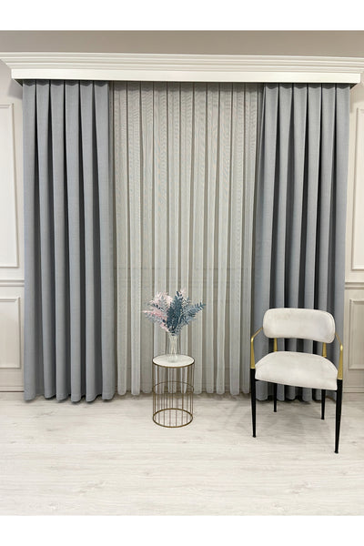 BEIGE-GRAY Modern Textured Knit 1/3 Dense Pleat Sheer Curtain