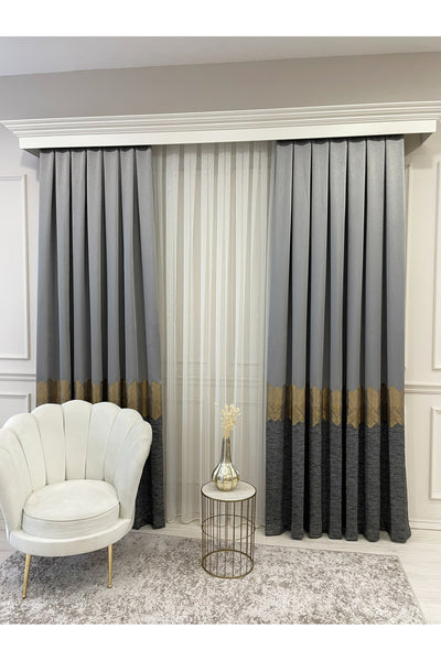 Brown Gold - Damask Patterned 1/3 Dense Pleated Blackout Curtain