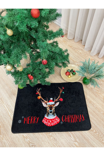 Christmas Yılbaşı Temalı Lateks Kaymaz Taban Kapı Önü Paspası Siyah (EBAT 60X90)