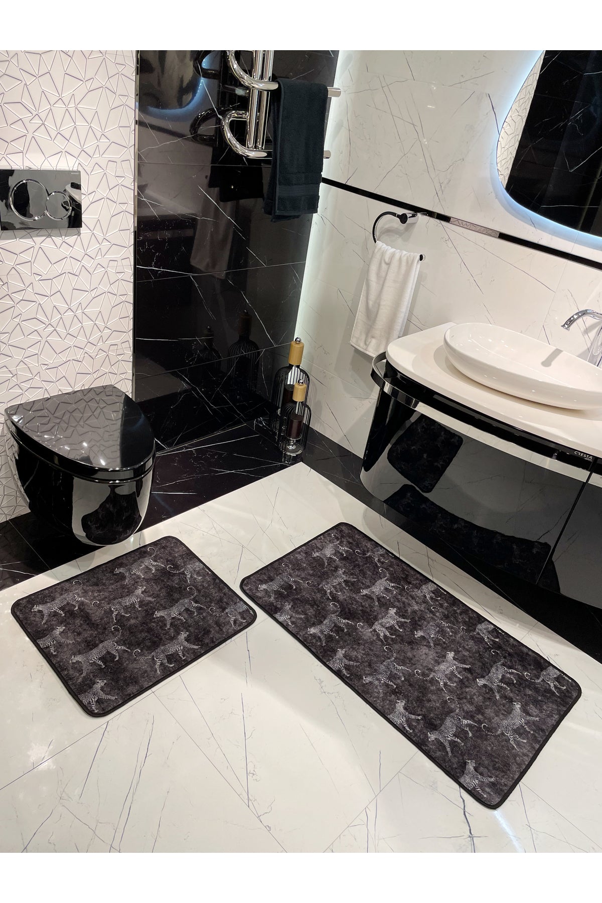 Set of 2 Latex Leather-Backed Bathroom Rug Set (60X100 - 60X50) Dark Gray