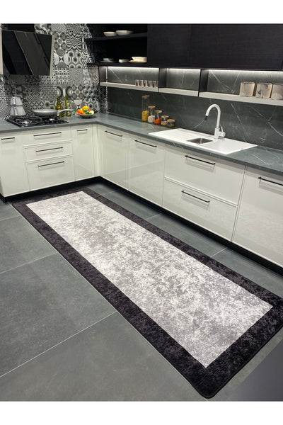 Geometric Striped Latex Leather Backing Fringeless Kitchen Rug - Gray-Black