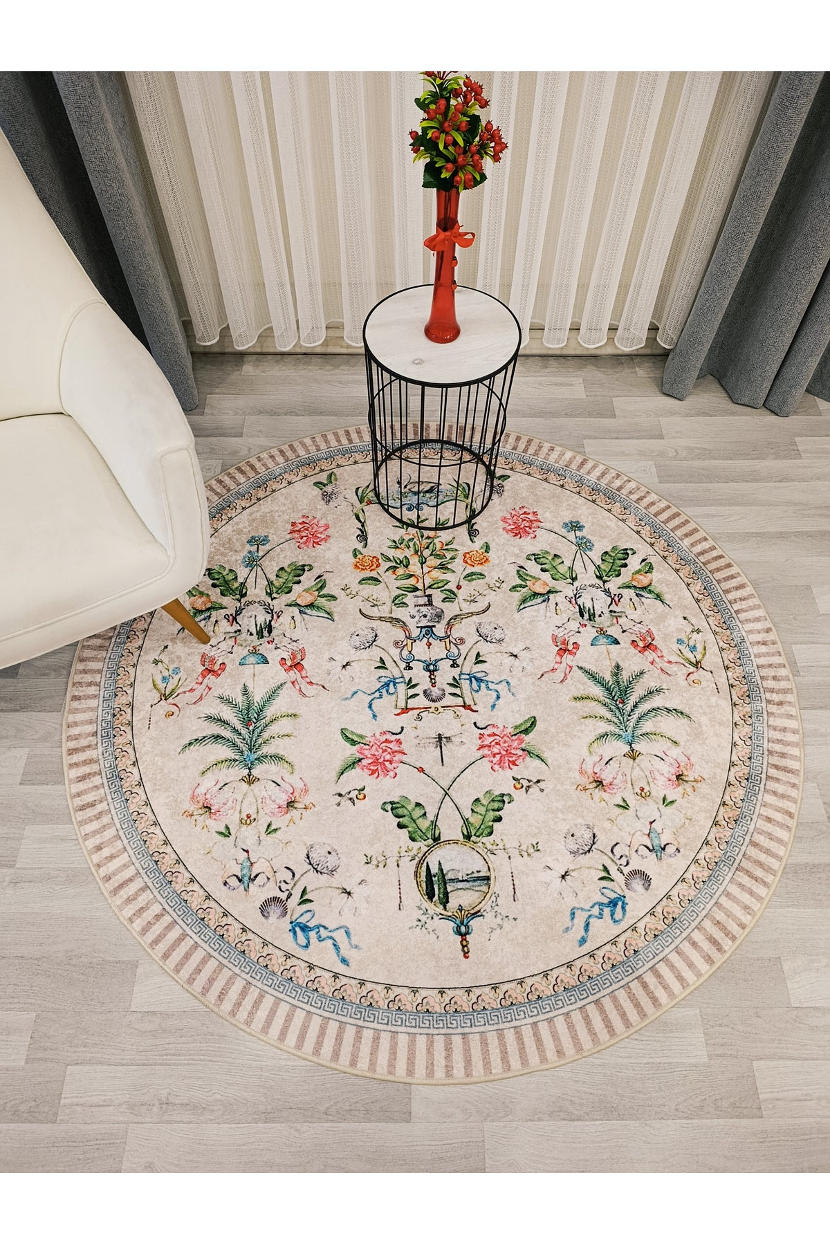 Beige Floral Bird Patterned Latex Leather Base Round Rug