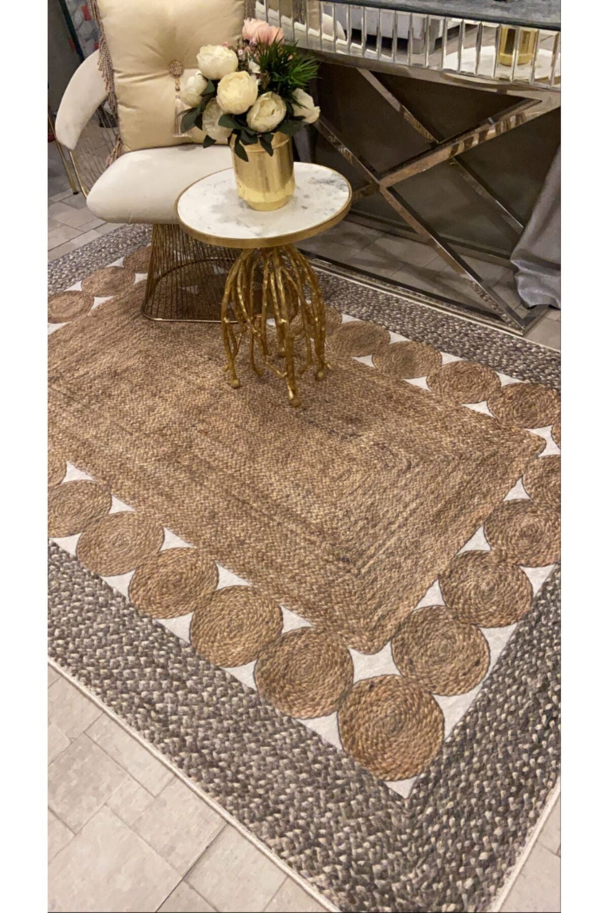 Jute Sisal Look 3D Colorful Latex Leather Base Waterproof Stain-Resistant Rug
