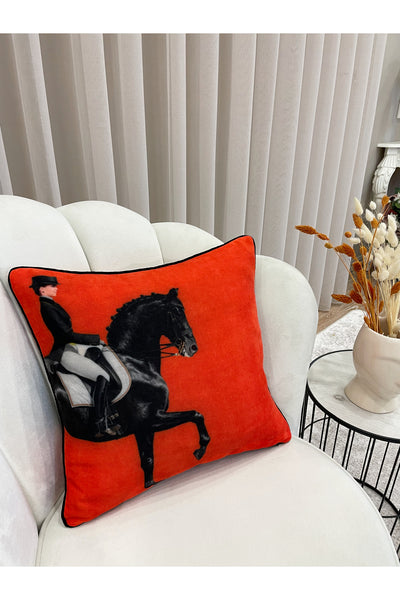 Horse Patterned Piped Throw Pillow Cover 45x45 - ORANGE