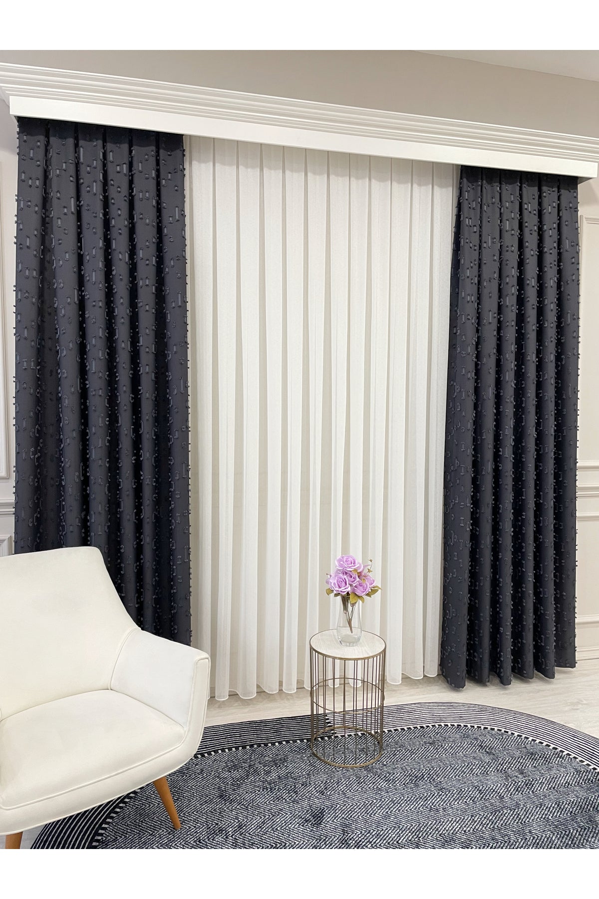 Indigo Blue Pompom Puffy Blackout Curtain 1/3 Dense Pleat