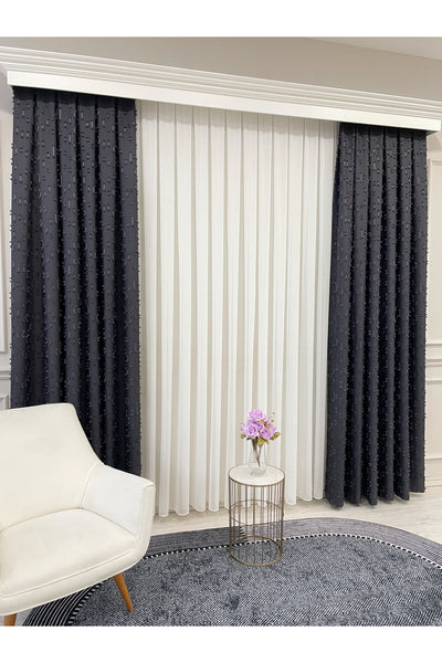 Indigo Blue Pompom Puffy Blackout Curtain 1/3 Dense Pleat