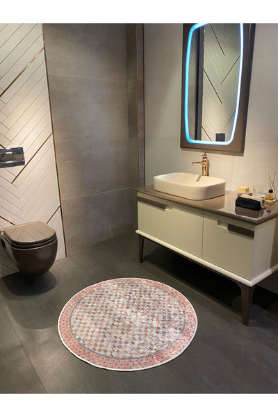 Robert Blue Diamond Pattern Fringeless Round Bathroom Mat - Blue Size 100x100