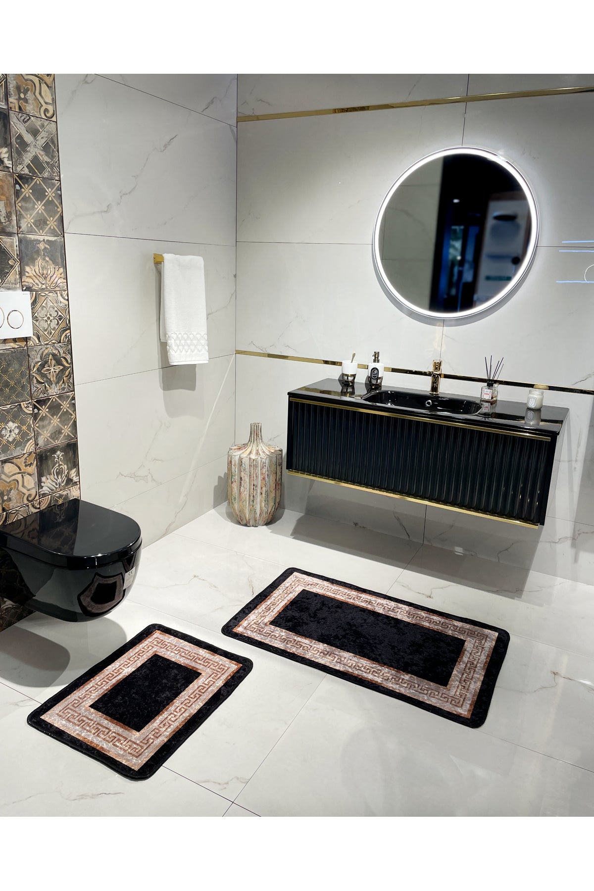 Bordered Patterned 2-Piece Latex Leather-Backed Bathroom Mat Set (60X100 - 60X50) Black