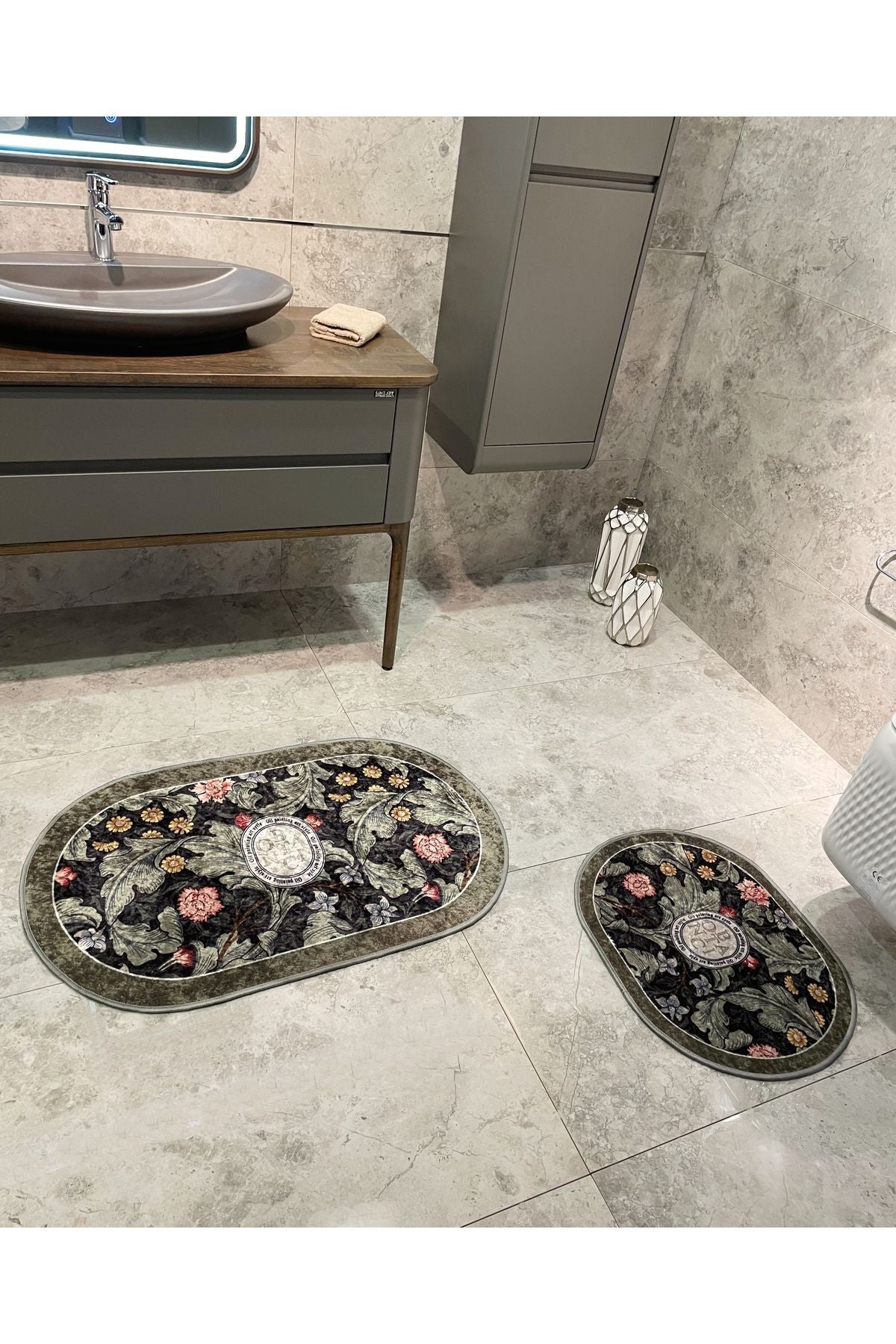 2-Piece Floral Pattern 60x100 - 60x50 Botanic Latex-Backed Bath Mat Set