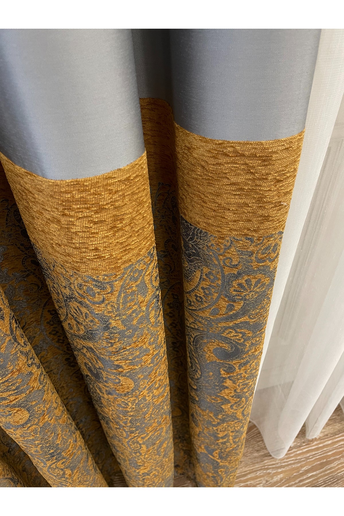 Gray Shawl Pattern 1/3 TIGHT PLEAT Jacquard Woven Blackout Curtain