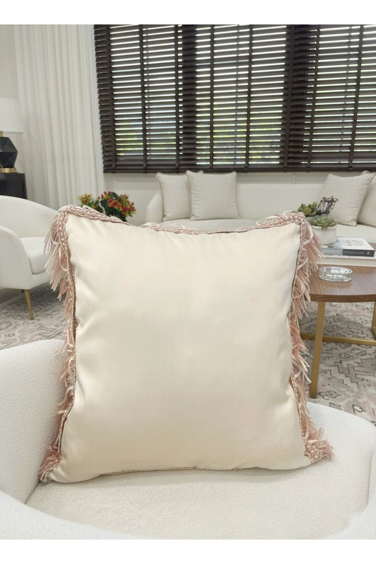 Ecru - Powder Pink Tassel Silk Taffeta Cushion Cover (45x45)