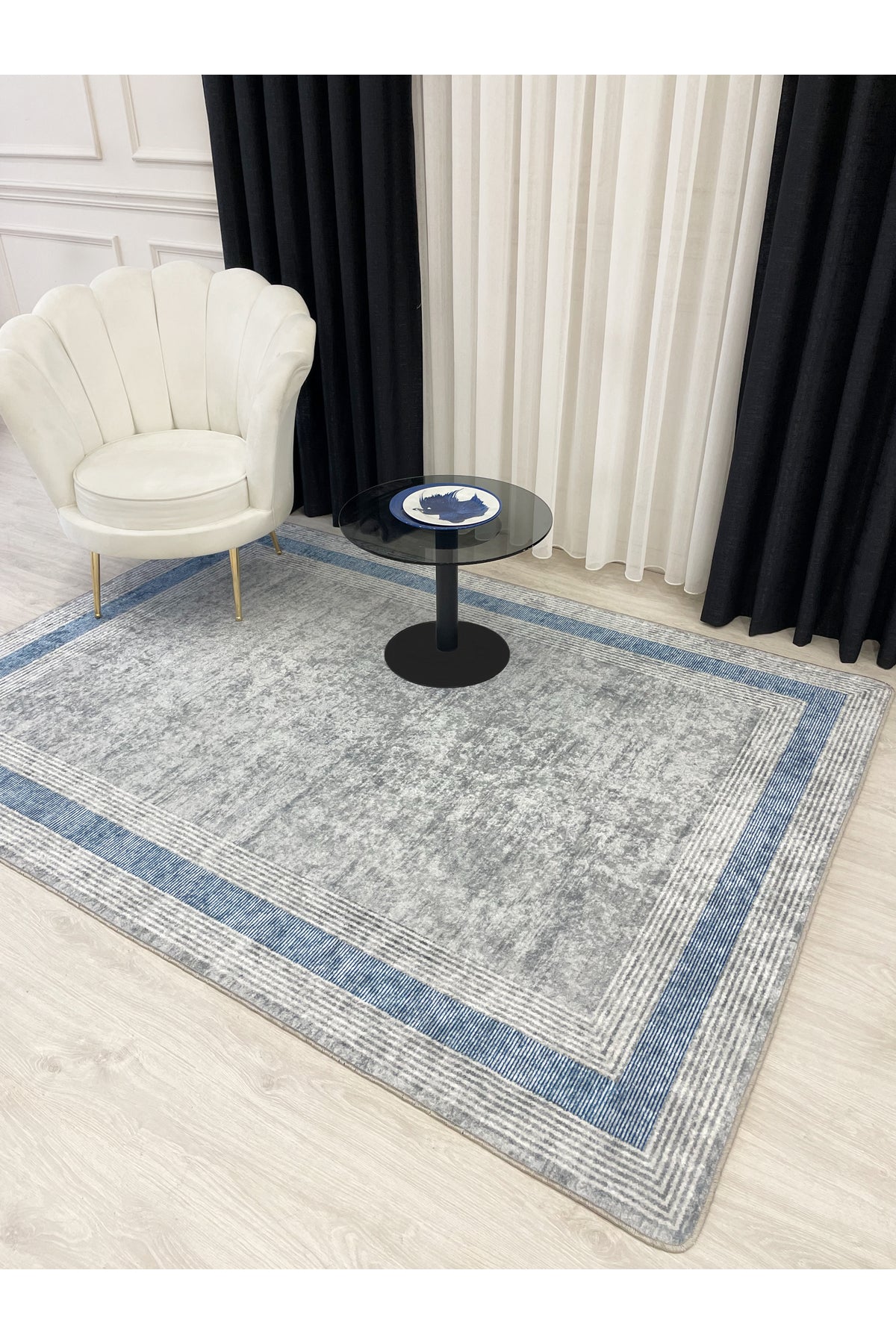 Light Gray Bordered Pattern Latex Leather-Backed Rug