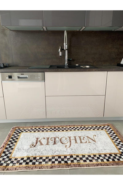 Kitchen Motifli Damalı Lateks Deri Tabanlı Leke Tutmaz Mutfak Halısı