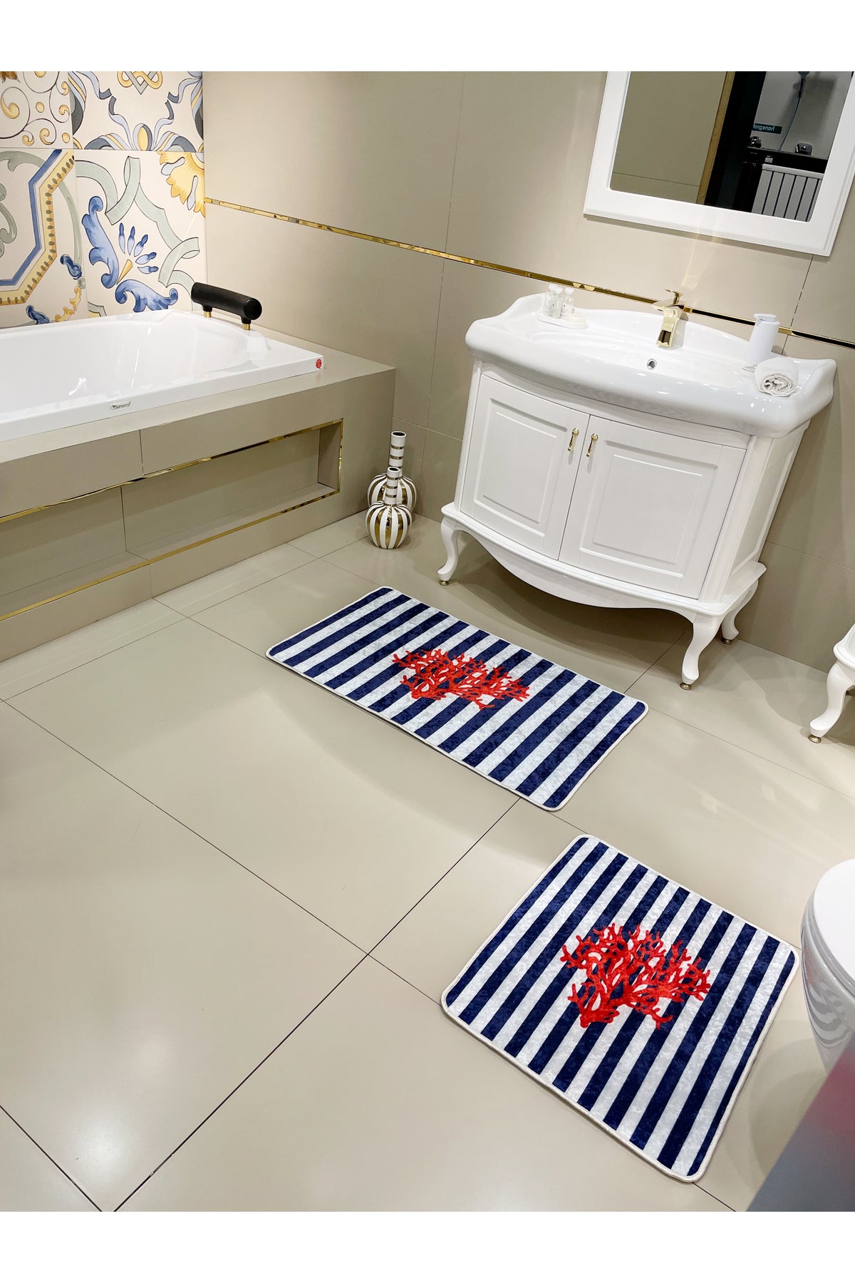 Mercan 2-Piece Latex Base Bathroom Mat Set (60x100 - 60x50) NAVY BLUE