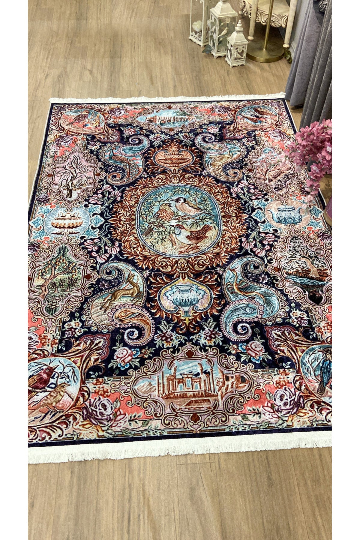 Bird Motif Classic Pattern Fringed Latex Base Rug