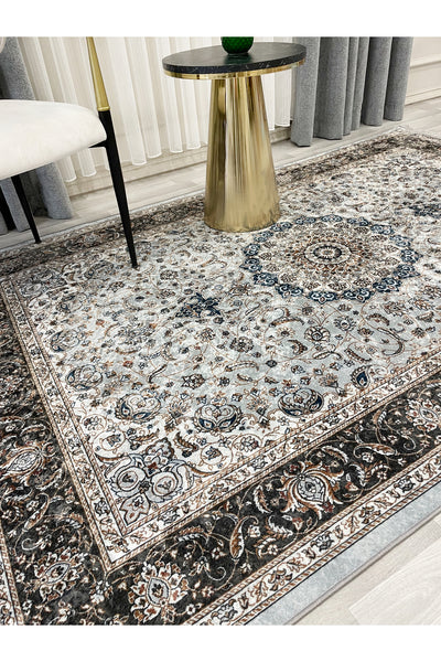 GRAY Traditional Motif FRINGED Classic Non-Slip Base Rug