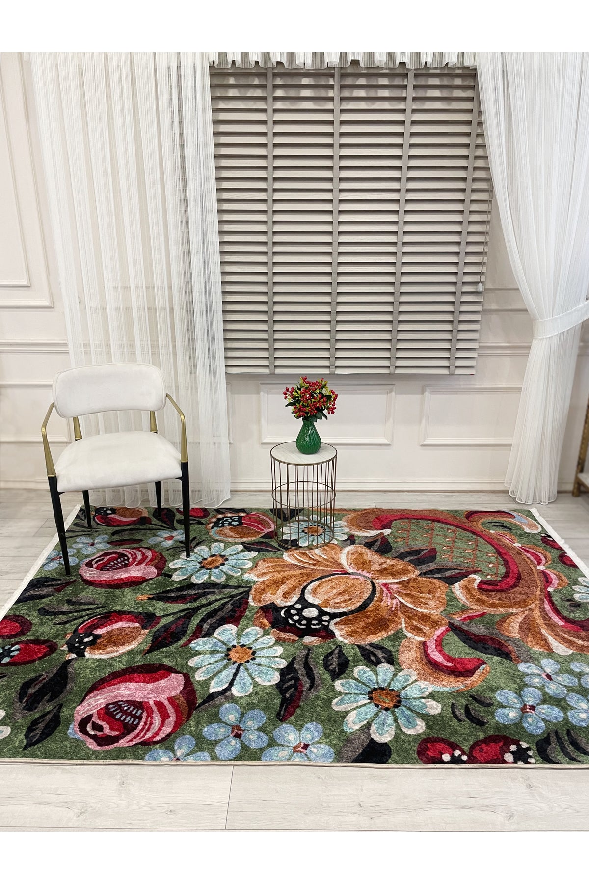 Green Floral Pattern Latex Base Rug