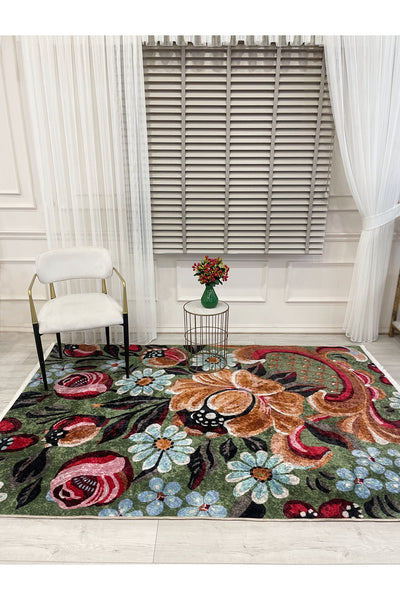 Green Floral Pattern Latex Base Rug
