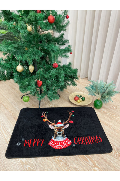Christmas Yılbaşı Temalı Lateks Kaymaz Taban Kapı Önü Paspası Siyah (EBAT 60X90)