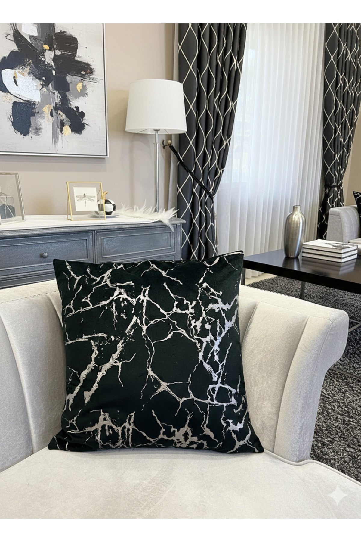 Set of 2 Velvet Throw Pillow Covers Ecru-Silver Foil (45X45)