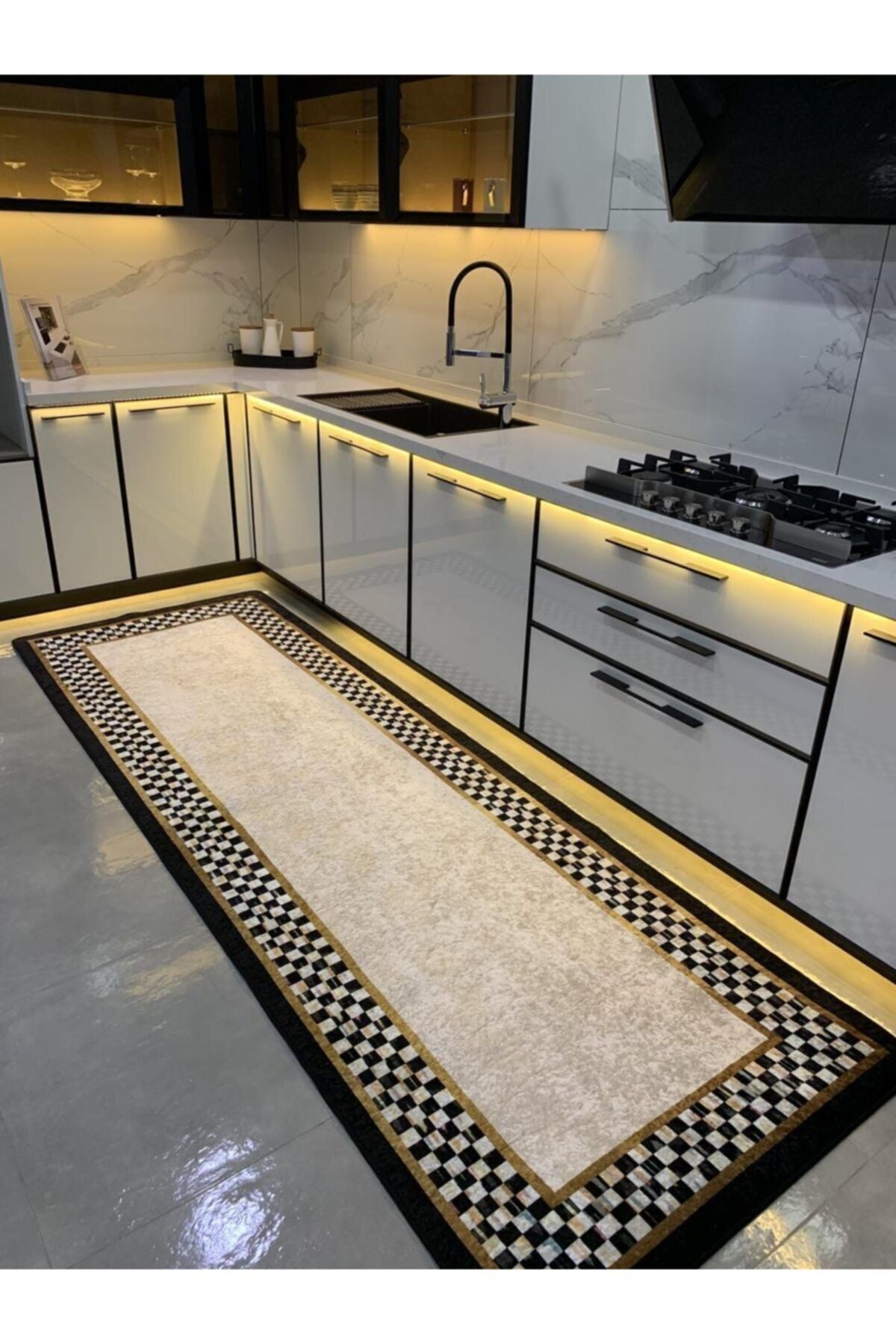 Rosen Model Checkered Non-Slip Base Kitchen Rug - Gray-Burgundy