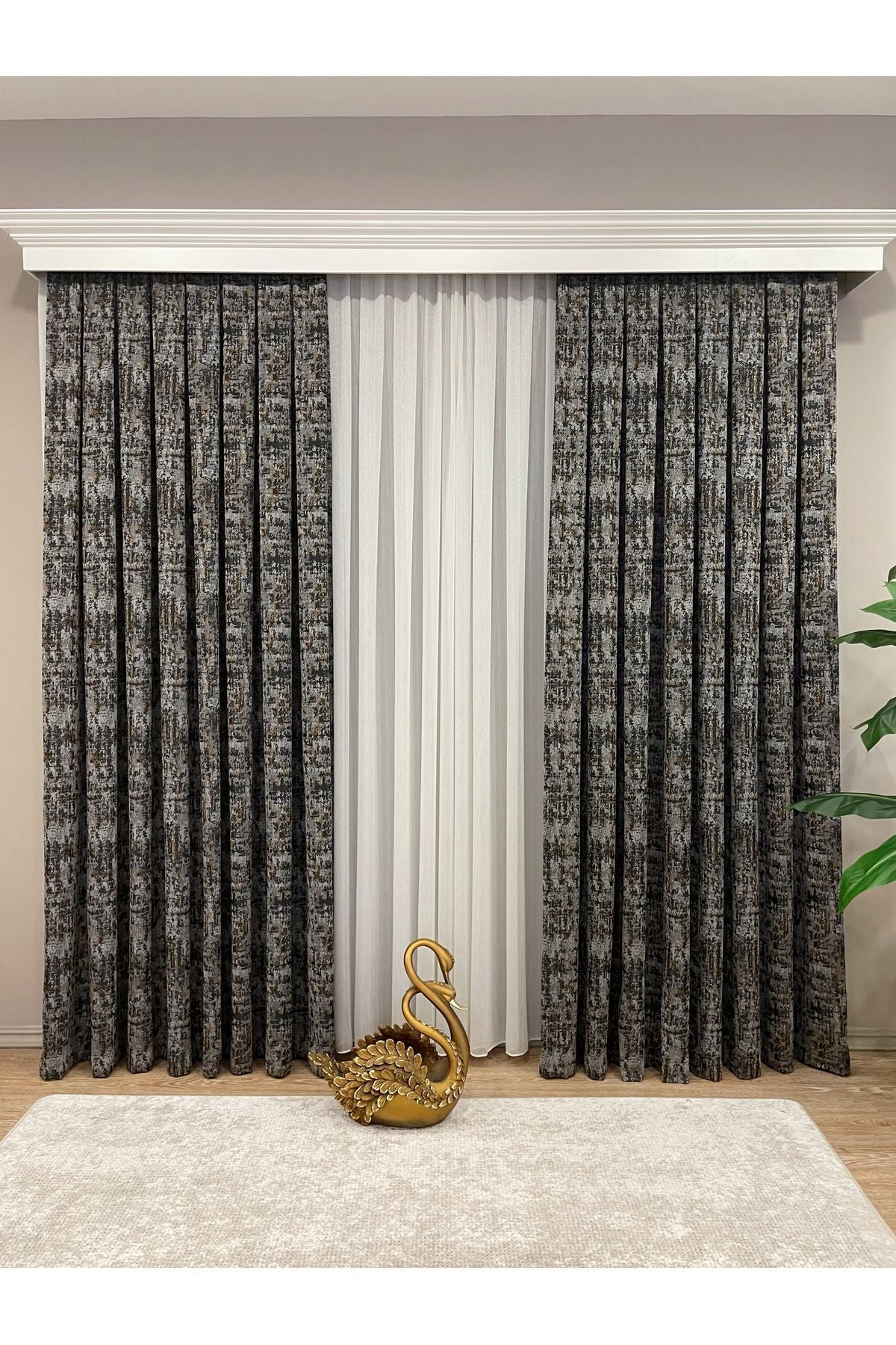 Orange - Brown Abstract Pattern 1/3 Tight Pleat Jacquard Woven Blackout Curtain