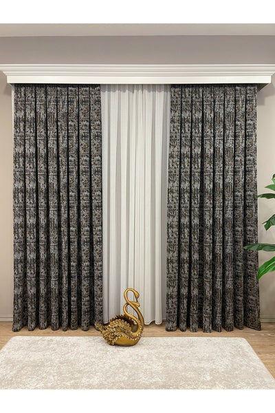 Orange - Brown Abstract Pattern 1/3 Tight Pleat Jacquard Woven Blackout Curtain
