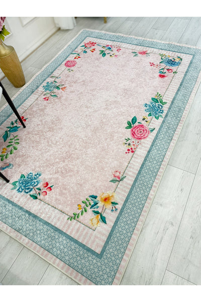 Blue Ground Rose Pattern Non-Slip Rug