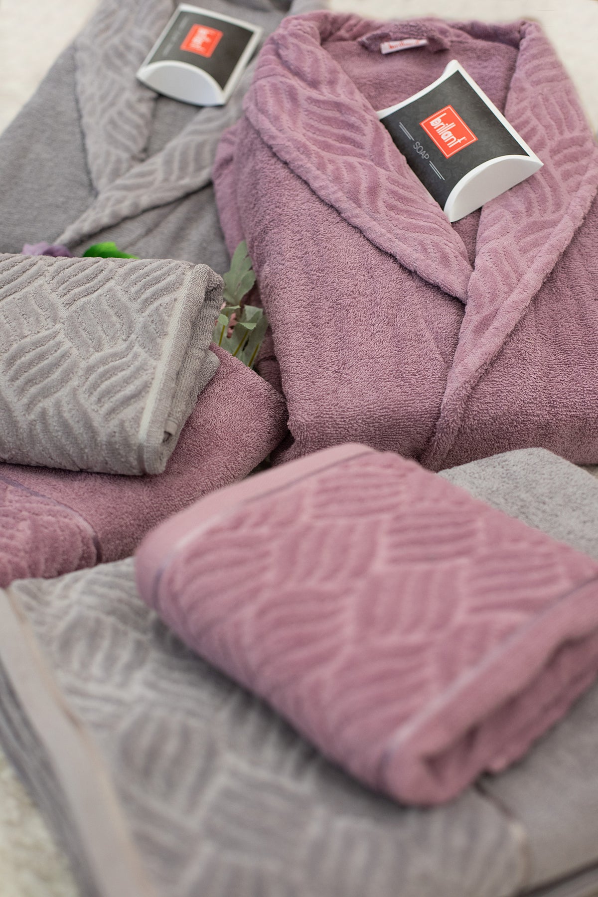6-Piece Gray - Salmon Family Bathrobe Set