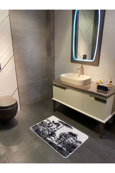 Karakalem Manzara Görünümlü Deri Tabanlı Banyo Paspası - (ebat 60x90 ) Krem