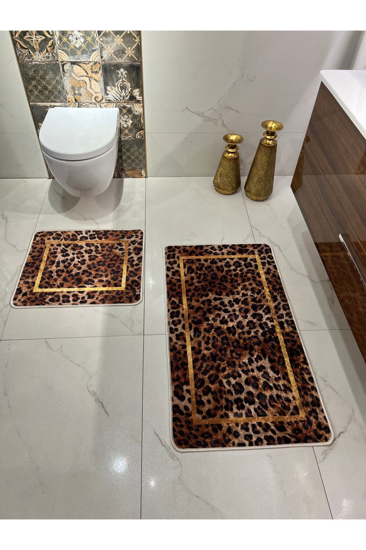 Leopard Pattern 2-Piece Non-Slip Base Bath Mat Set (60x100 - 60x50)